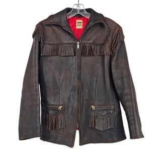 Uber Owatonna Minnesota Leather Fringe Jacket S/M Brown Vtg 60s Western C&C Zip